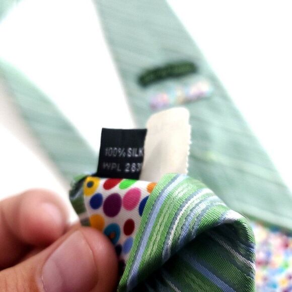 City Of London Green Blue Striped Woven Wide Silk Tie - Picture 5 of 8